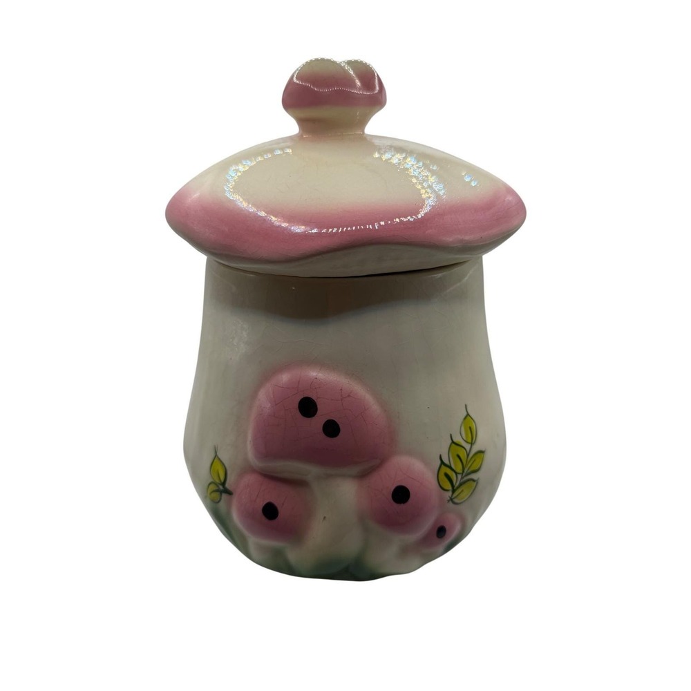 Vintage Ceramic Mushroom Canister Pink Cream 3D Relief Cottagecore  Jar